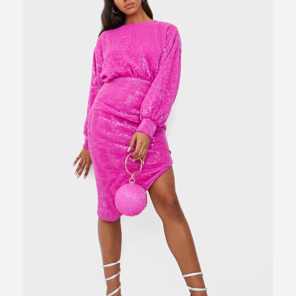 NWT Pretty Little Thing Hot Pink Sequin Open Back Balloon Sleeve Midi Dress